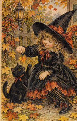 Halloween tyttö leikkii kissan kanssa