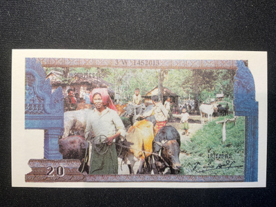 Cambodia Khmer Regime 1993/94 20 Riels, local banknotes.