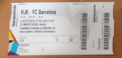 HJK-FC Barcelona kutsuvieras pääsylippu vuodelta 2014