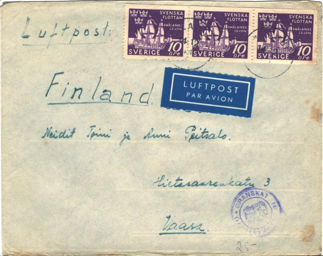 POSTILÄHETYS ILMAPOSTI RUOTSI VAASA +TAKASTUSLEIMA
