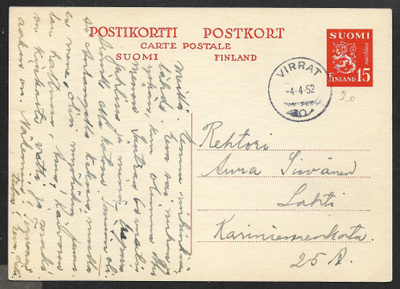Postil. - Ehiö 15mk (LAPE 108) Virrat4.4.1952