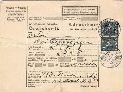 M30 1940 1,50 mk harmaa pakettikortti kp-kontori i:een