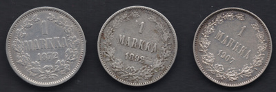 1872, 1892 ja 1907 1 markka 3kpl