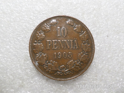 10 penniä 1905 kulkematon tasaisesti patinoitunut,