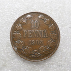 10 penniä 1905 kulkematon tasaisesti patinoitunut, - pikkukuva 1