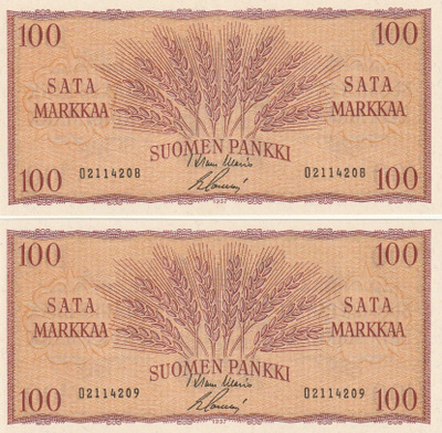 Suomi 100 mk 1957 2 peräkk. no:a kl 8-9