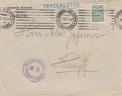 1916, Kirje HELSINGISTÄ HANKOON, sensuurileima