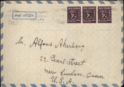 M30 1948 12/10mk 3-riv. lentokirje USAhan 22.3.48