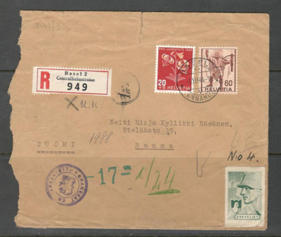 v. 1944 kirje Sveitsistä Suomeen, lipukkeita, leimoja, jne.