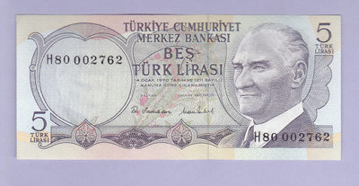 Turkki 5 Lirasi v.1976 UNC P-185
