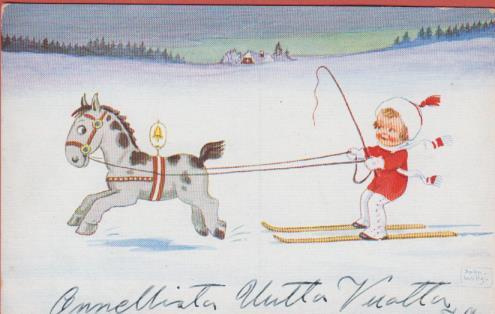 John Wills Tyttö suksilla, hevonen vetää