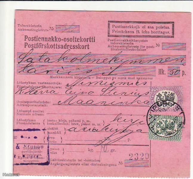 LUOVUTETTUALUE POSTILÄHETYS  VIIPURI - MAANINKA