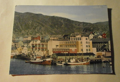 Hammerfest, kylää ja Findus-tehdas, väripk, p. 1961 Suomeen