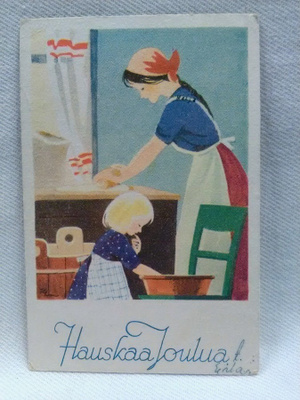 joulukortti Äiti ja lapsi leipomassa