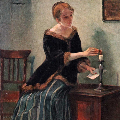 NAINEN / Tyttö sinetöi kirjeen kynttilällä. 1900-l.