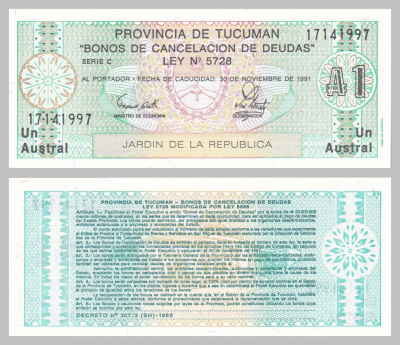 Argentiina Provincia de Tucuman1 Austral v.1991 UNC P-S2711