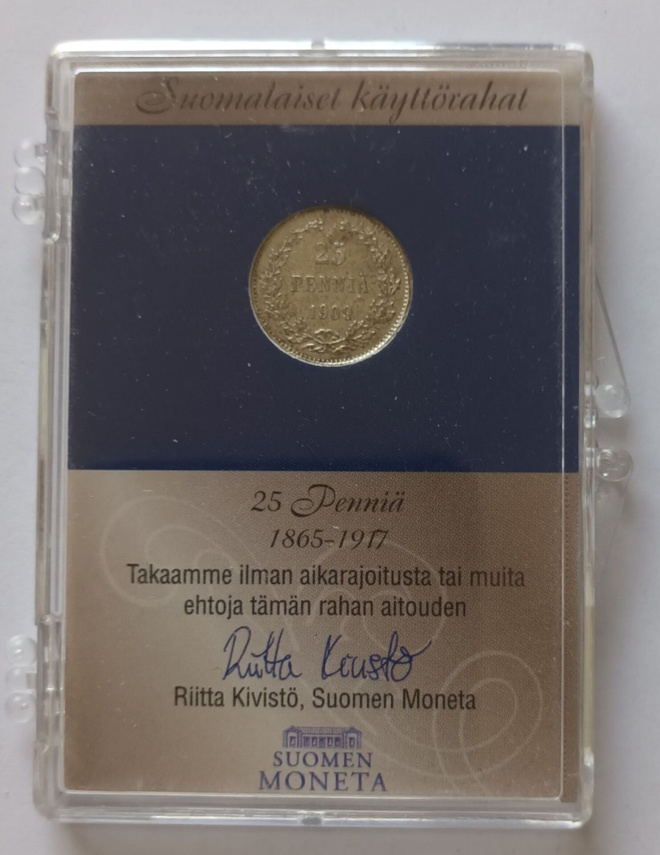 25 penniä hopea, 1909 ja todistus, 3 kuvaa
