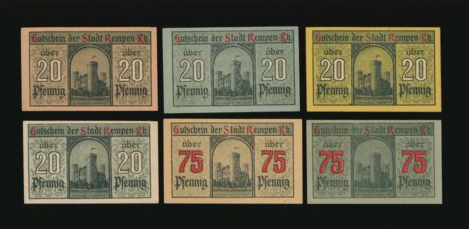 Saksa Notgeld 4 x 20, 2 x 75 pfg, Kempen 1920