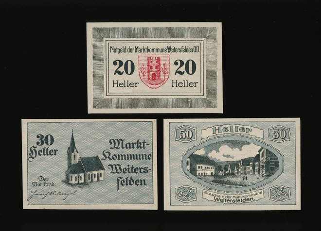 Itävalta Notgeld 20, 30, 50 Heller, Weitersfelden 1920