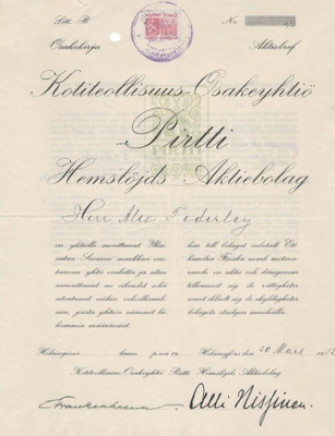 OKK 1912 Kotiteollisuus Oy Pirtti, Helsinki Alexand Federley