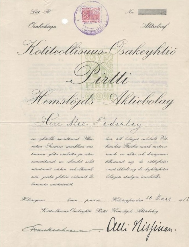 OKK 1912 Kotiteollisuus Oy Pirtti, Helsinki Alexand Federley