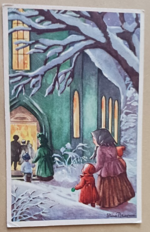 Stina Broome: Äiti ja lapset menossa joulukirkkoon, p. 1954