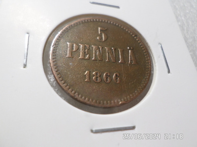 5 penniä 1866 komea hieman patinoitunut kulkematon,