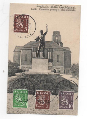 LAHTI: Kaupungintalo ja patsas (postitettu Riikaan 1930)