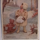 F. Ostermann: Tyttö nalle kelkassaan katselee lintua 1922 - pikkukuva 1