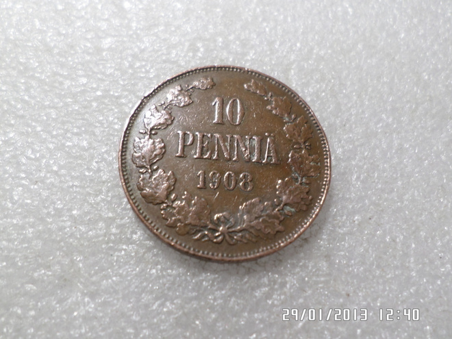 10  penniä  1908  kulkenut   Siisti raha,