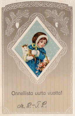 Vanha joulukortti- tyttö ja kissa, koho