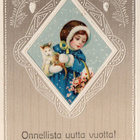 Vanha joulukortti- tyttö ja kissa, koho - pikkukuva 1