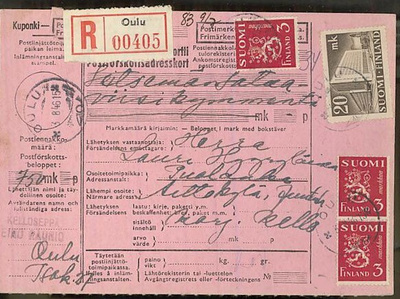 M30 1946 kirjattu postiennakkopaketti Oulu