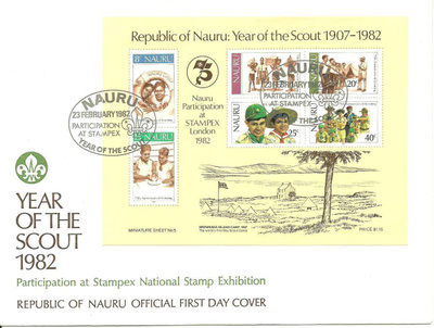 FDC EPK hieno blokki NAURU Partioliike 75v. 1982