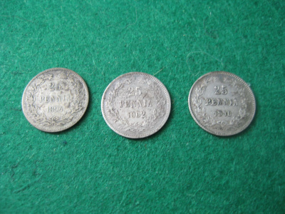 3 kpl 25p 1894, 1902 & 1910 - hopeaa