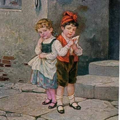 LAPSET / Ujo tyttö ja poika kivipihalla. 1900-l.