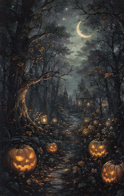 Halloween pimeä metsä, kurpitsat polun varrella