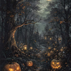 Halloween pimeä metsä, kurpitsat polun varrella - pikkukuva 1