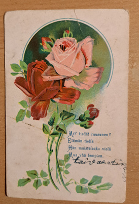 vanha kortti: ruusut ja runo, kulkenut 1909