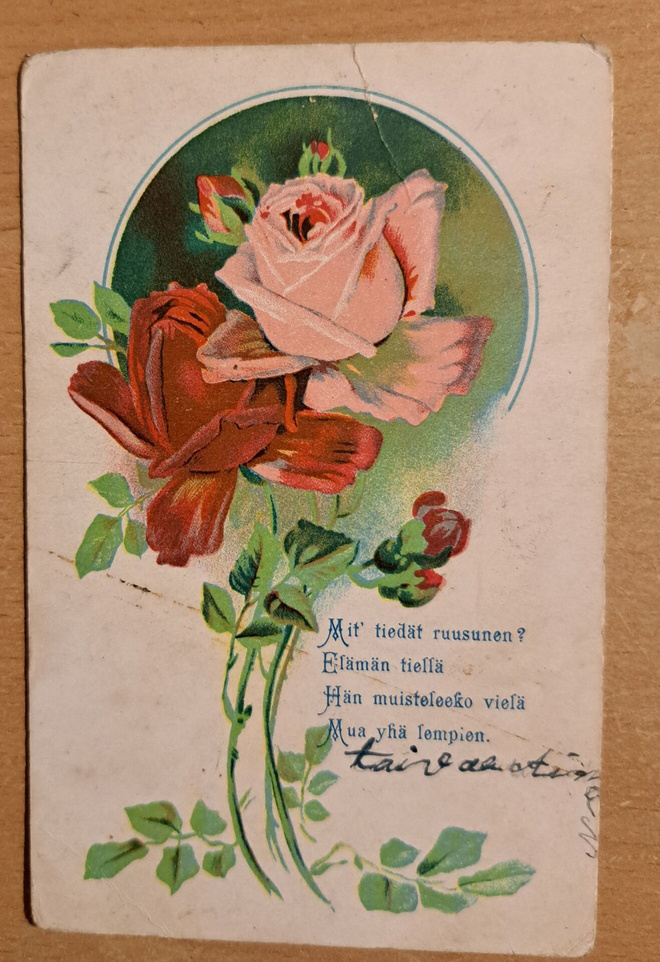 vanha kortti: ruusut ja runo, kulkenut 1909