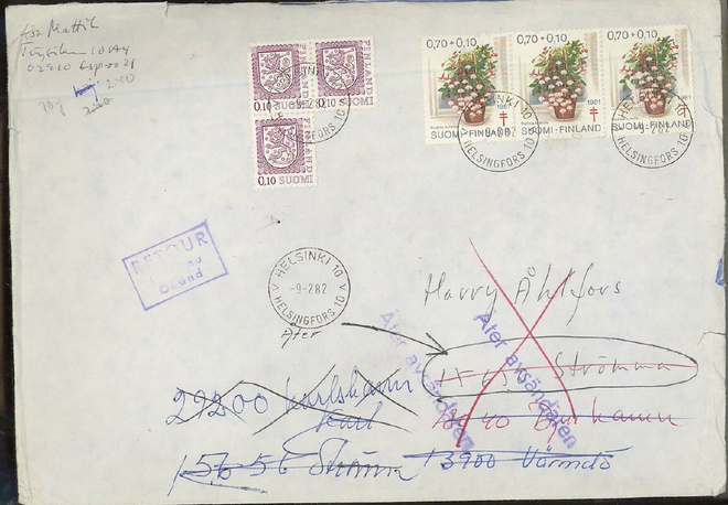 1982 kirje osoitettu Strömmaan - palautunut Ruotsista