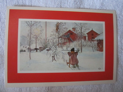 Joulukortti Carl Larsson / Tyttö ja kelkka talvimaisemassa