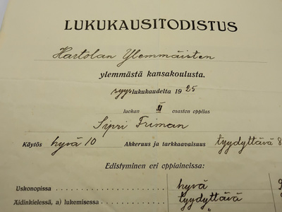 Lukukausitodistus v.1925 Hartola Ylemmäinen