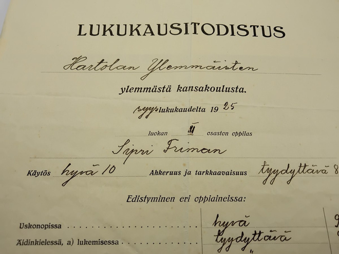 Lukukausitodistus v.1925 Hartola Ylemmäinen