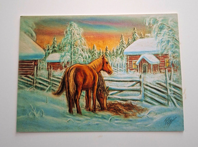 T.PELTONIEMI "Hevoset ulkotarhassa"-KULKEMATON JOULUKORTTI
