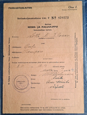 Sotilaskuljetustodistus 1941.