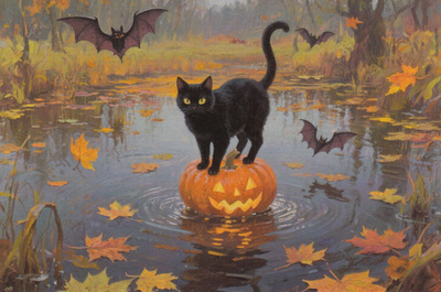 Halloween musta kissa vedessä kurpitsan päällä