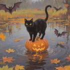 Halloween musta kissa vedessä kurpitsan päällä - pikkukuva 1
