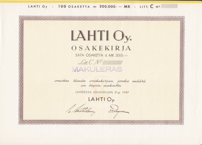 OKK 1947 Lahti Oy bla, Lahti osakekirja