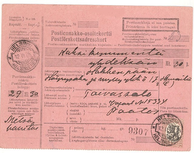 1917 1 mk yksin postiennakkovapaakirjeellä